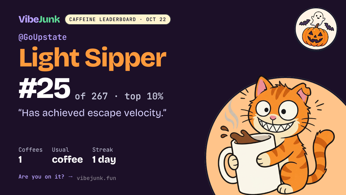 @GoUpstate: #25 of 267 on the Caffeine Leaderboard. 1 coffees, coffee, 1-day streak. "Has achieved escape velocity."