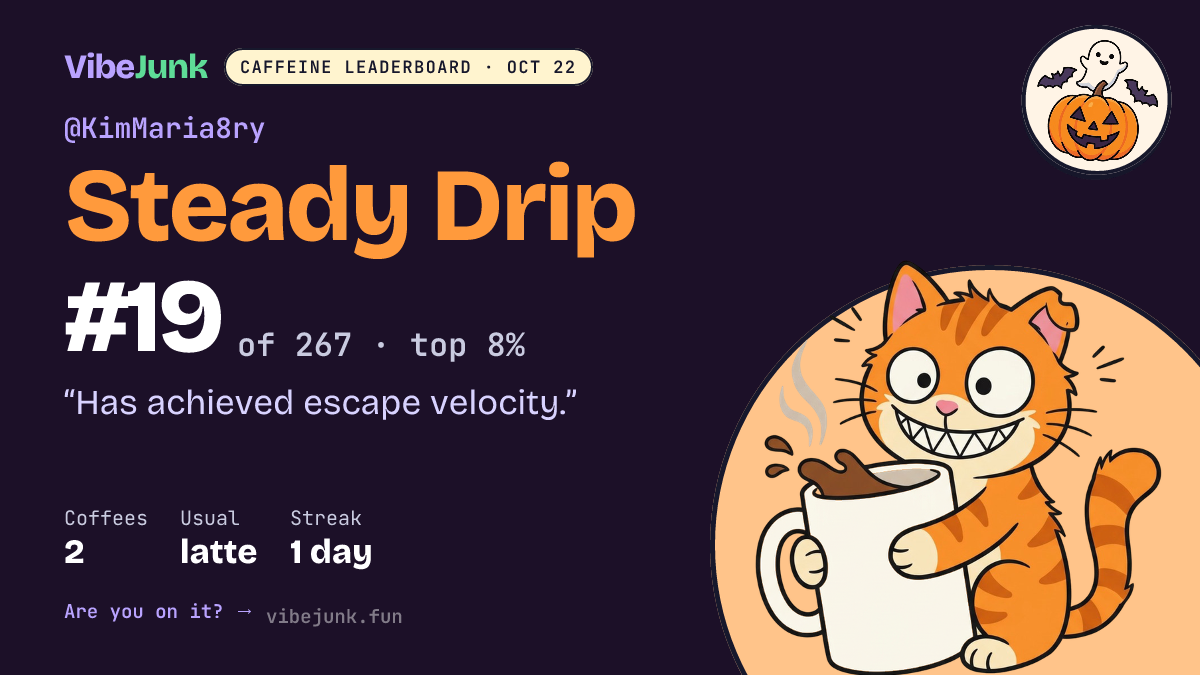 @KimMaria8ry: #19 of 267 on the Caffeine Leaderboard. 2 coffees, latte, 1-day streak. "Has achieved escape velocity."