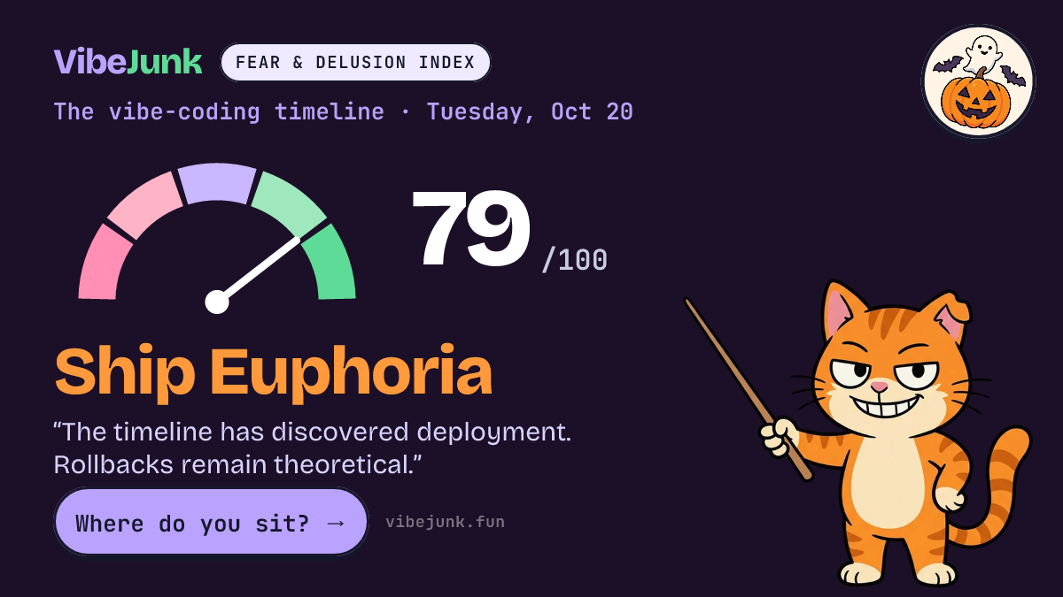 Vibe Fear & Delusion Index for 2026-10-20: 79, Ship Euphoria. "The timeline has discovered deployment. Rollbacks remain theoretical."