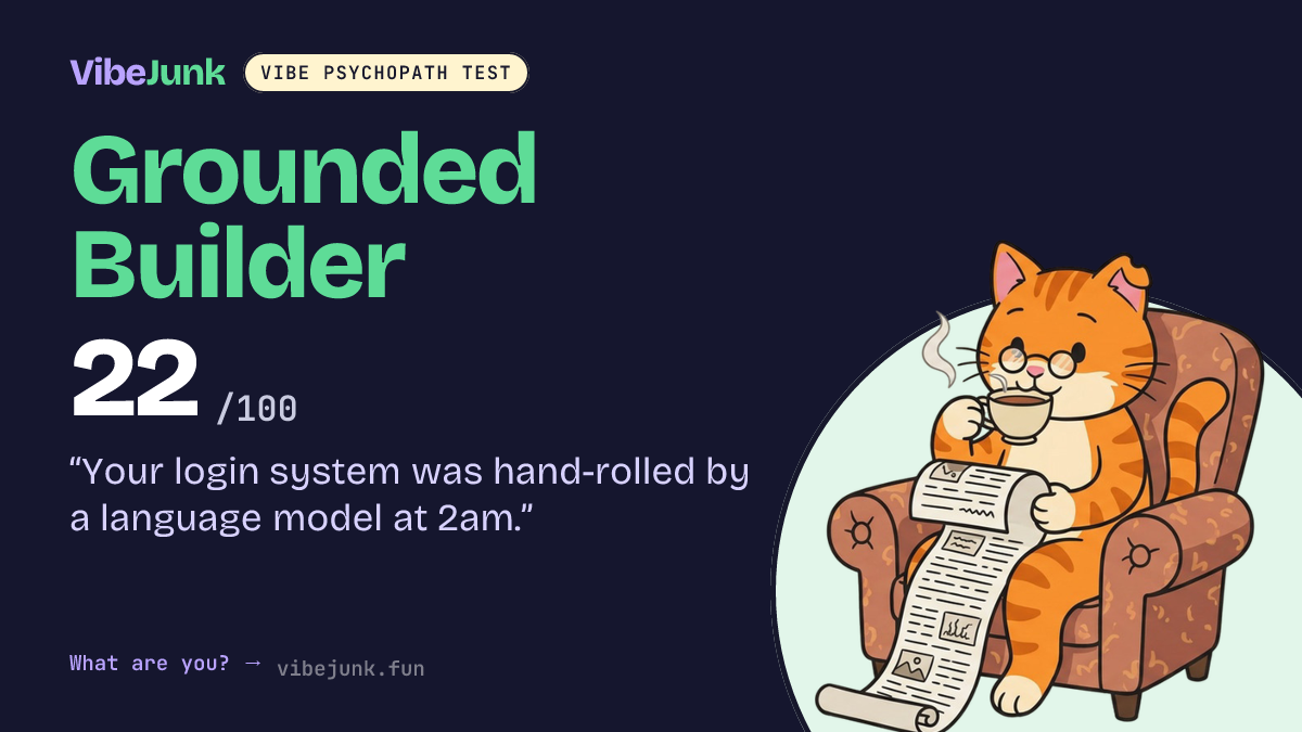 A real share card: 22 out of 100, Grounded Builder. "Your login system was hand-rolled by a language model at 2am."