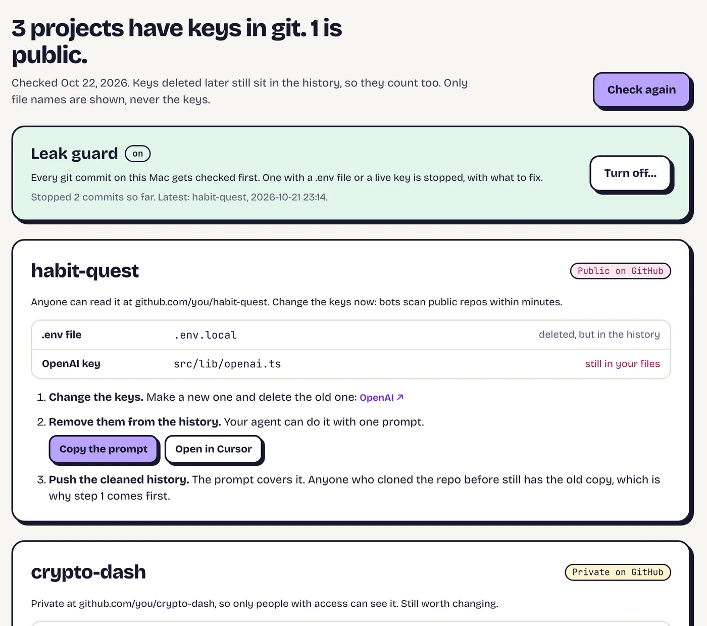 The Leaked keys screen: 3 projects have keys in git, 1 is public. Leak guard is on and has stopped 2 commits. habit-quest is public on GitHub with a .env file and an OpenAI key, and three steps to fix it.