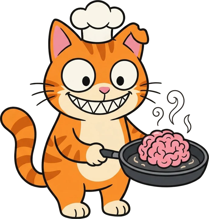 Prod in a chef hat, frying a brain in a pan